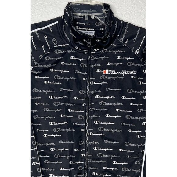 Champion Full Zip Track Jacket Sz L With Pockets Black All Over Print Arm Stripe - Picture 4 of 10
